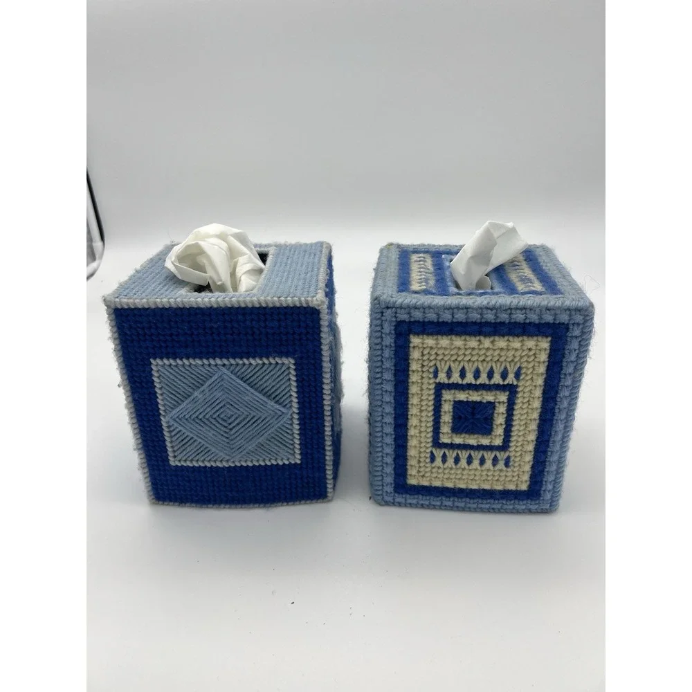 Vintage NEEDLEPOINT TISSUE BOX COVER LOT blue Finished Art MCM Grannycore decor